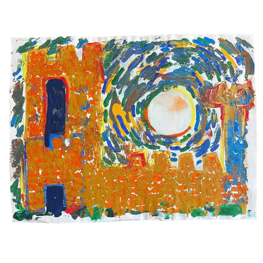 Original Abstract Castle Oil Painting 8x11.5 Starry Night Impasto Oman Hosea